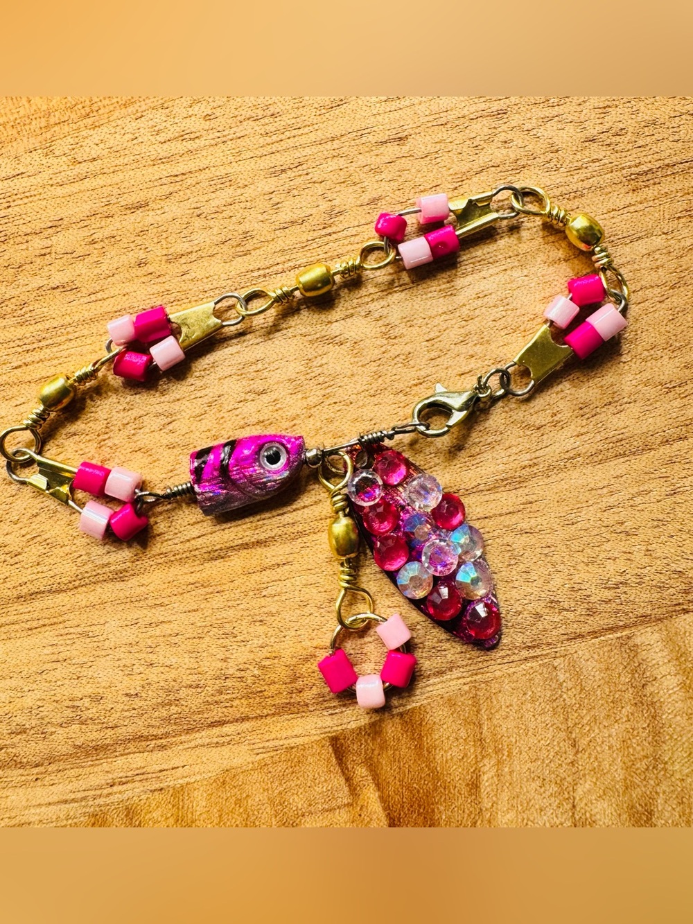 Handcrafted Pink Beaded Fishing Lure Bracelet